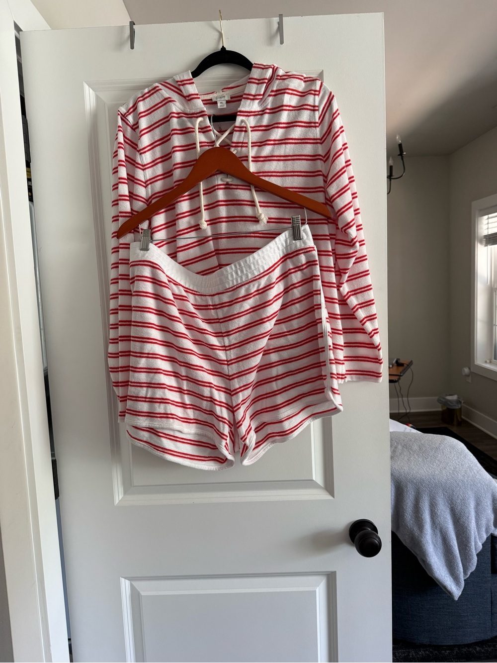 Jcrew Striped Red/White Hoodie & Matching Short Set. Thin sweater material